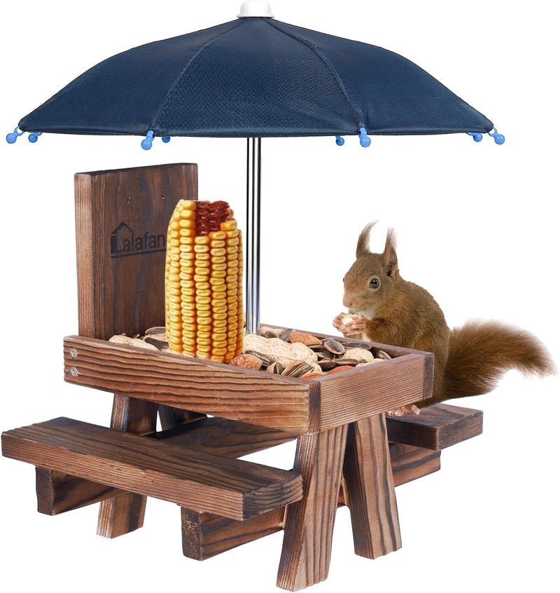 Lalafancy Squirrel Feeder Picnic Table with Umbrella, Carbonized Wood Squirrel Feeder for Outside Funny Chipmunk Feeder with Corn Cob Holder Structure Solid for Squirrel Gift - Image 1